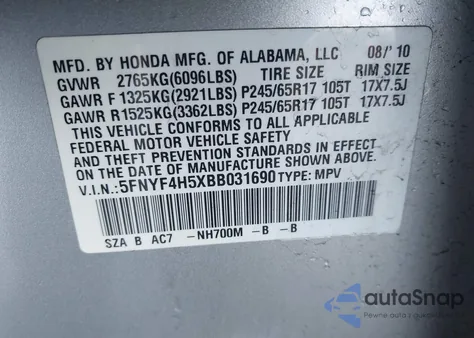 2011 Honda Pilot Ex-L from USA, damaged, VIN 5FNYF4H5XBB031690